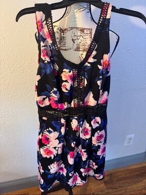 Floral Crochet-Trim Sleeveless Dress - Black with Pink & Blue Flowers